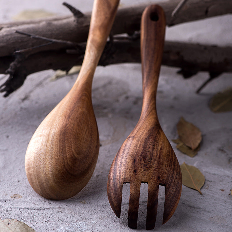 Japanese Style Long Handle Soup Spoon Salad Cooking Spoon Set Unlacquered Mixing Spoon Solid Wood Wooden Spoon Wooden Fork Salad Spoon Fork Tableware