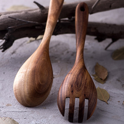 Japanese Style Long Handle Soup Spoon Salad Cooking Spoon Set Unlacquered Mixing Spoon Solid Wood Wooden Spoon Wooden Fork Salad Spoon Fork Tableware