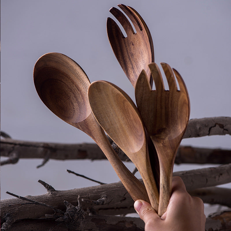 Japanese Style Long Handle Soup Spoon Salad Cooking Spoon Set Unlacquered Mixing Spoon Solid Wood Wooden Spoon Wooden Fork Salad Spoon Fork Tableware