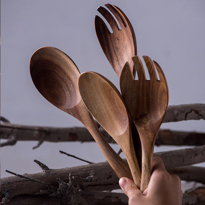 Japanese Style Long Handle Soup Spoon Salad Cooking Spoon Set Unlacquered Mixing Spoon Solid Wood Wooden Spoon Wooden Fork Salad Spoon Fork Tableware