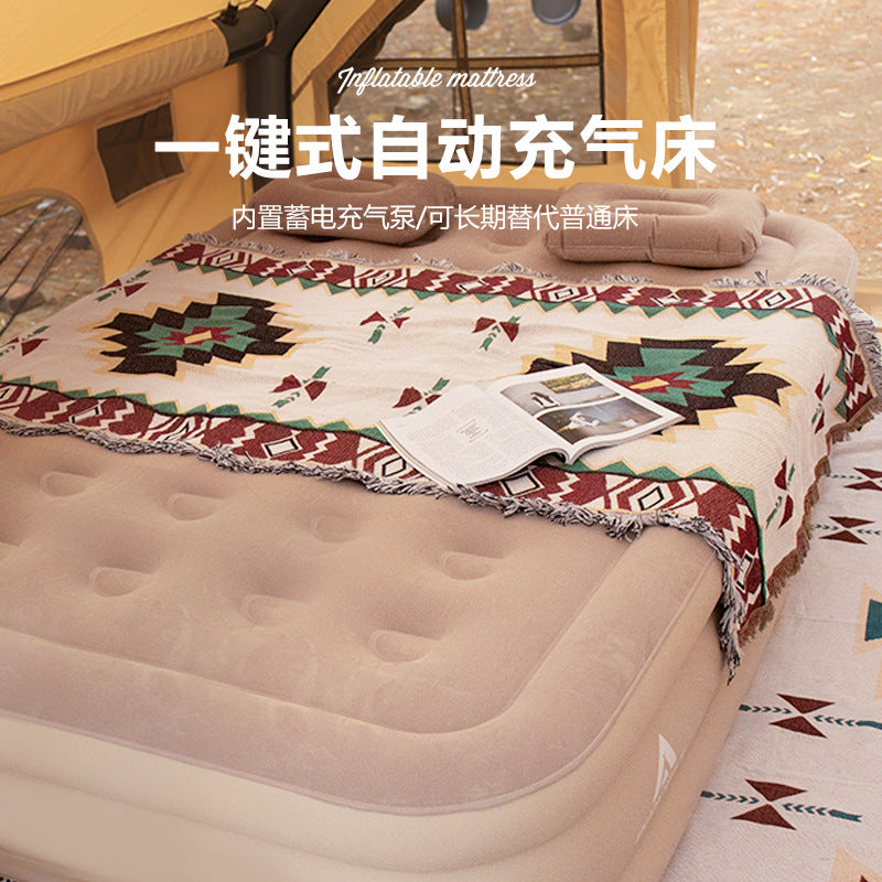 Outdoor Camping Heightening And Thickening Flocking Automatic Inflatable Cushion Inflatable Bed Double Camping Mat Nap Inflatable Pillow