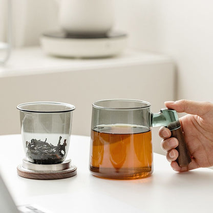 High Borosilicate Large Capacity Three-Piece Cup With Wooden Lid Green Tea Flower Tea Cup Office Heat-Resistant Tea-Water Separation Bubble Cup