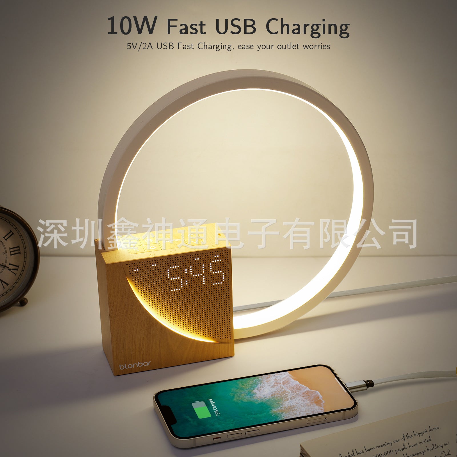 AJ300 White Noise Desk Lamp Alarm Clock 10W Charger Touch Night Light Wake-up Light Reading Eye Protection Bedside Lamp