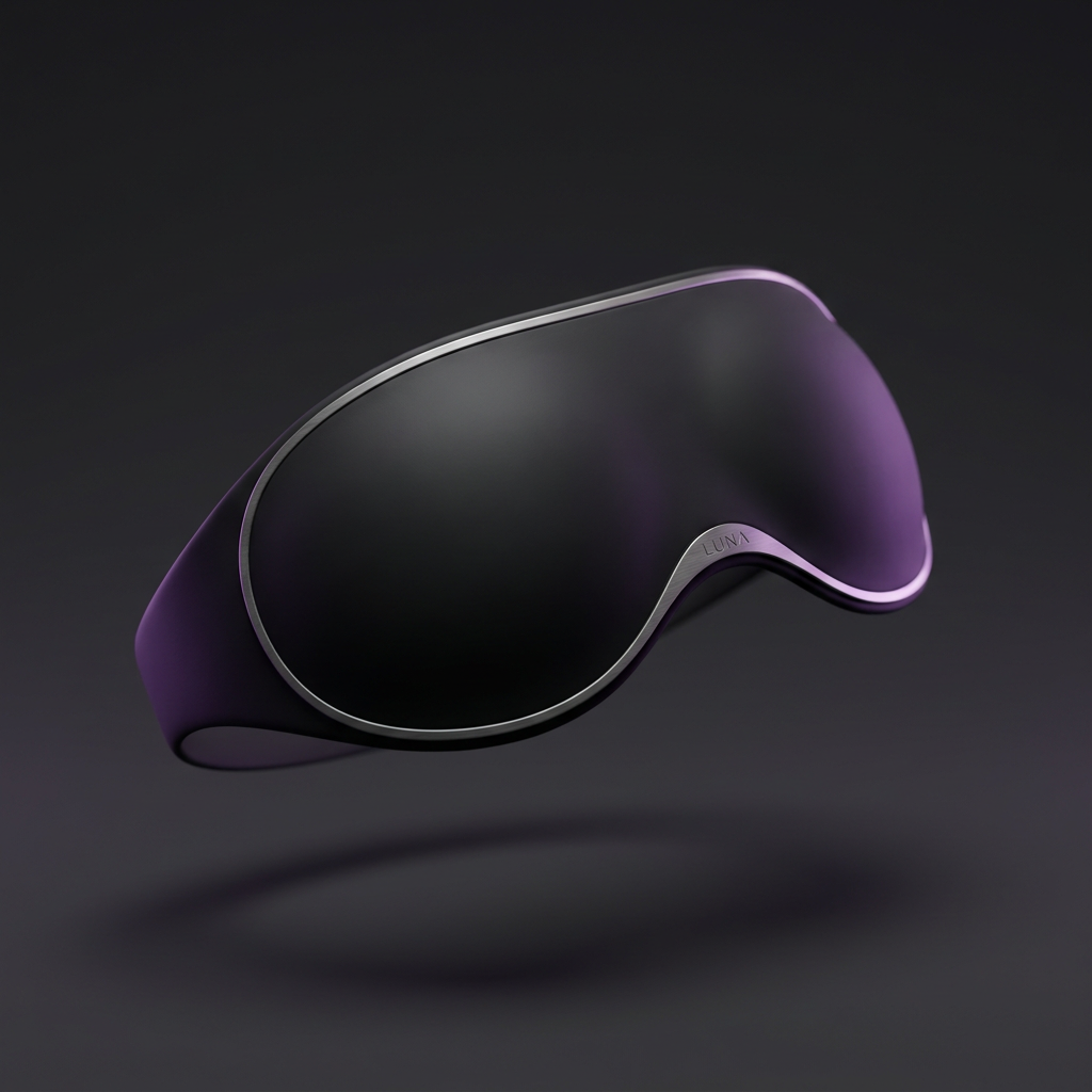 The Aurora Smart Sleep Mask by Somnium Labs, matte black contoured 3D eye mask with silver trim